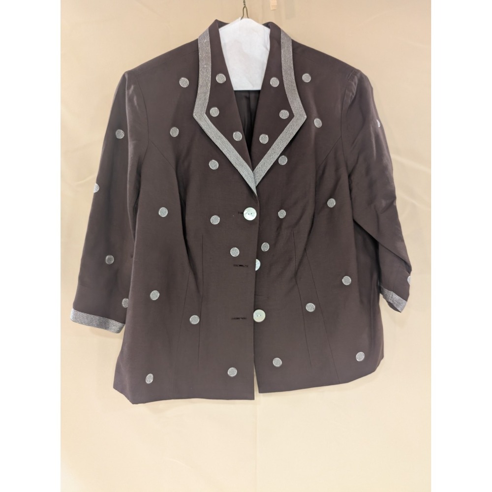 POSITIVE ATTITUDE 16 Petite Brown Blazer Jacket Polka Dot Trim Linen Blend - Picture 1 of 3